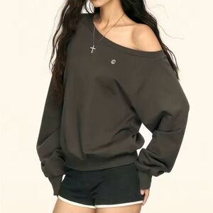 Off-Shoulder Dark Olive Pullover Sweatshirt